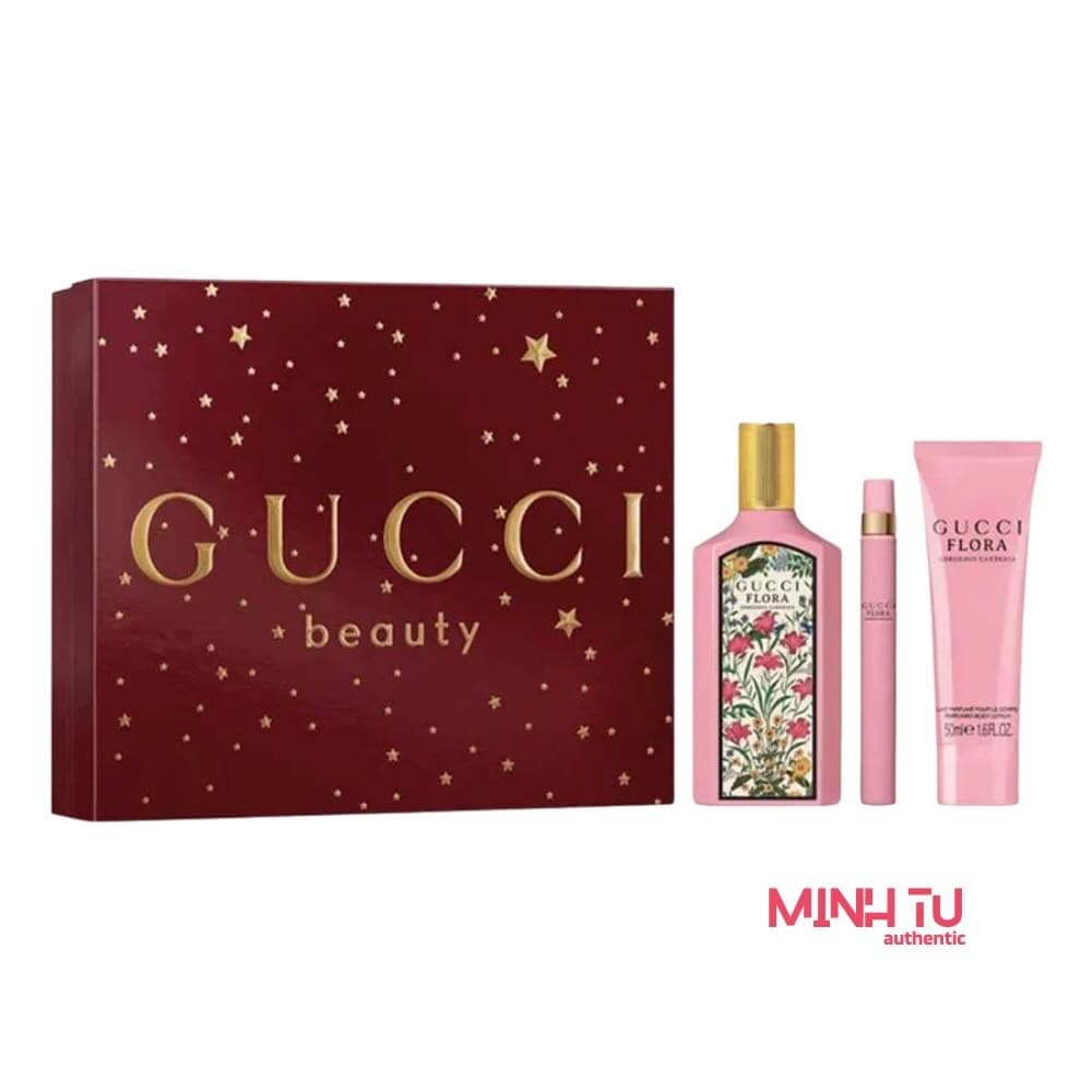 Set Gucci Flora Gorgeous Gardenia EDP 3Pcs EDP 100ml, EDP 10ml, Lotion 50ml